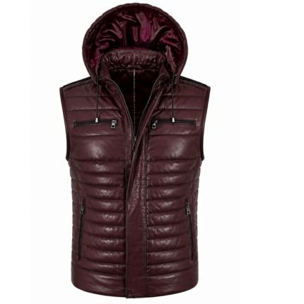 Crimson Edge Men's Burgundy Hooded Leather Puffer Vest with Quilted Insulated Design
