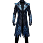 Premium Men's Black & Blue Flame Leather Trench Coat with gothic flame design, long silhouette, lapel collar, and luxury leather finish.
