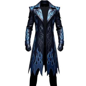Premium Men's Black & Blue Flame Leather Trench Coat with gothic flame design, long silhouette, lapel collar, and luxury leather finish.
