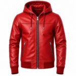Red leather jacket with adjustable drawstring hood, paneled stitching and zippered pockets