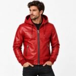 Red leather jacket with adjustable drawstring hood, paneled stitching and zippered pockets