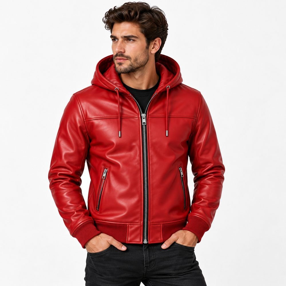 drawstring-red-leather-hooded-jacket-view Red leather jacket with adjustable drawstring hood, paneled stitching and zippered pockets