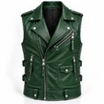 Emerald green leather vest featuring notched lapels, silver snaps, zippered pockets, adjustable waist buckles, and detailed stitching.