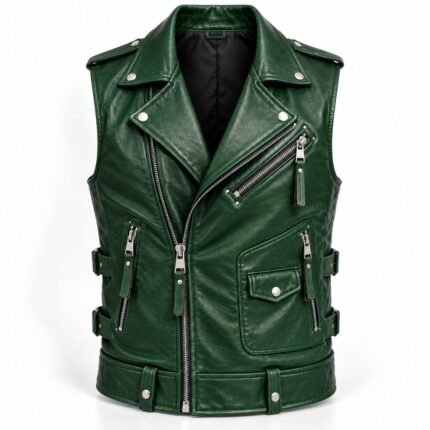 Emerald green leather vest featuring notched lapels, silver snaps, zippered pockets, adjustable waist buckles, and detailed stitching.