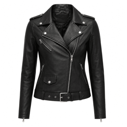 Women’s black leather biker jacket with classic moto design and zip details on white background.