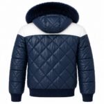 Frostline Blue Quilted Fur Hood Jacket showing a diamond-quilted back, white shoulder yoke, navy fur-trimmed hood, padded sleeves, and ribbed waistband.