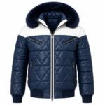 Frostline Blue Quilted Fur Hood Jacket featuring navy diamond quilting, white shoulder panels, navy fur-trimmed hood, chest zippers, front zipper, and ribbed hem.