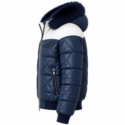 Frostline Blue Quilted Fur Hood Jacket showing its side profile, diamond-quilted sleeve, white shoulder panel, navy fur-trimmed hood, zippered pocket, and ribbed cuff.