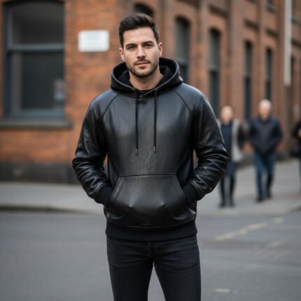 A men wearing a leather hoodie