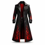 Black leather gothic long coat with red flame print and red satin lining