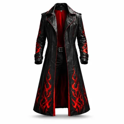 Black leather gothic long coat with red flame print and red satin lining