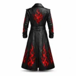 Back view of black leather gothic long coat with red flame print and belted waist