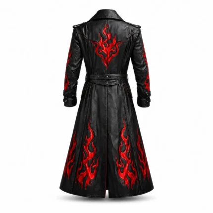 Back view of black leather gothic long coat with red flame print and belted waist