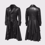 Men's black leather gothic long coat, front and back view showing double-breasted buttons and flared hem