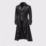 Men's black leather gothic long coat, double-breasted with silver buttons, wide lapel collar, and asymmetric ruffled hem