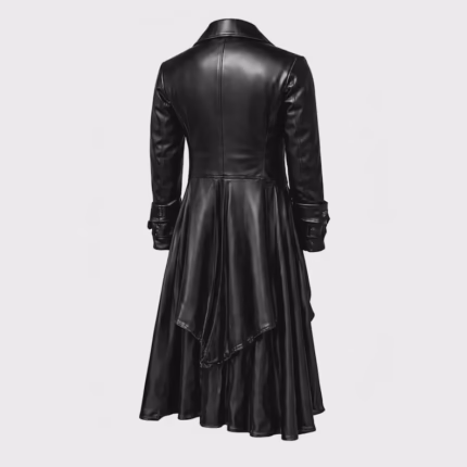 Men's black leather gothic long coat, back view showing fitted waist and asymmetric flowing hem