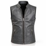 Graphite grey leather vest with a smooth back panel, curved shoulder yoke, tailored seams, and adjustable hem tabs.