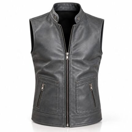 Graphite grey leather vest with a smooth back panel, curved shoulder yoke, tailored seams, and adjustable hem tabs.