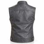 Graphite grey leather vest with a smooth back panel, curved shoulder yoke, tailored seams, and adjustable hem tabs.