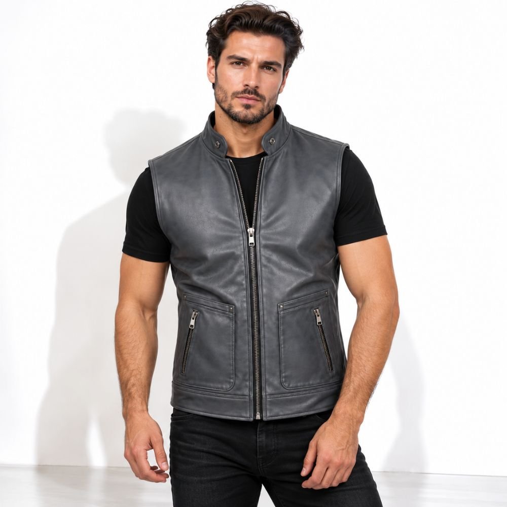 graphite-shadow-grey-leather-vest Man wearing the Graphite Shadow Grey Leather Vest with a stand-up collar, central zipper, and practical zippered pockets.