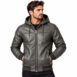Grey Ghost leather hooded jacket with paneled stitching, ribbed cuffs and textured leather finish