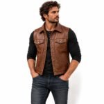 Ironcrest Heritage Brown Leather Vest with distressed genuine leather, snap-button closure, pointed collar, and flap chest pockets