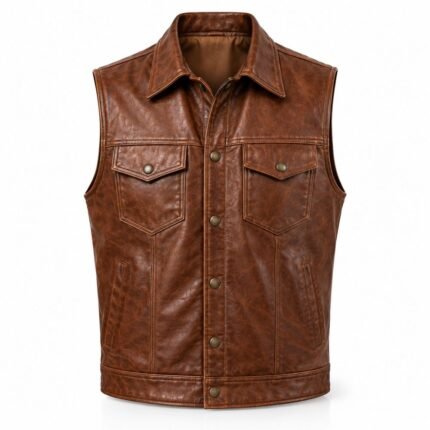 Brown genuine leather vest featuring antique-tone snap buttons, stitched panel detailing, angled lower pockets, and a vintage finish