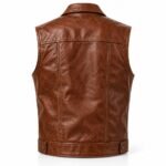 Ironcrest brown leather vest with a stitched back yoke, vertical panel seams, distressed leather texture, and adjustable snap-tab waist detailing