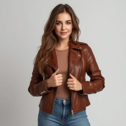 a women wearing leather jacket