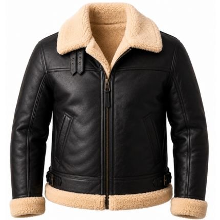 Luxury black leather aviator winter jacket with soft shearling collar and lining