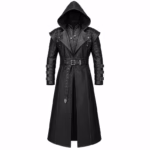 Men’s black leather hooded Gothic steampunk trench coat with front buttons, buckles, straps, and long overcoat design.