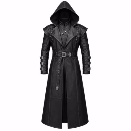 Men’s black leather hooded Gothic steampunk trench coat with front buttons, buckles, straps, and long overcoat design.