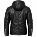 Black leather hoodie jacket with a padded hood, quilted shoulder and sleeve panels, central back seam, and structured hem