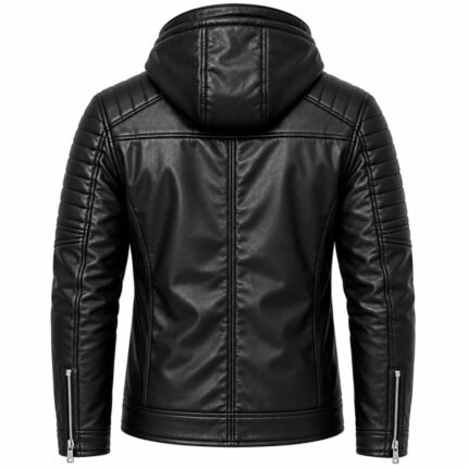 Black leather hoodie jacket with a padded hood, quilted shoulder and sleeve panels, central back seam, and structured hem