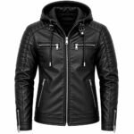 Black quilted leather hoodie jacket featuring a padded hood, shoulder panels, silver front zipper, chest pockets, and angled zippered pockets