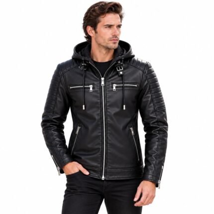 Man wearing a black quilted leather hoodie jacket with padded shoulders, silver zippers, chest pockets, and zippered cuffs against a white background