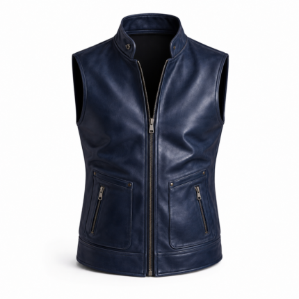 Men's blue leather biker vest with zip front, stand collar, and functional pockets