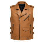 Brown leather biker vest for men with asymmetrical zipper, multiple utility pockets, and adjustable side straps