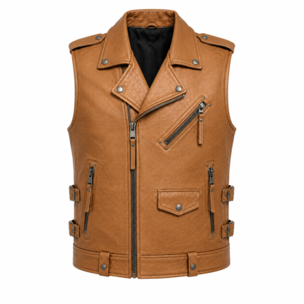 Brown leather biker vest for men with asymmetrical zipper, multiple utility pockets, and adjustable side straps