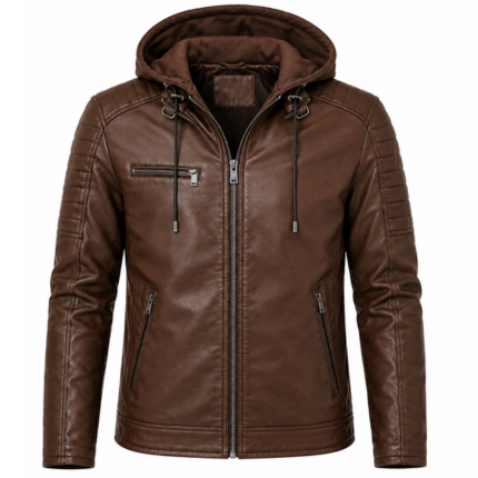 Men’s brown hooded leather jacket with quilted shoulder detailing, front zipper, and multiple zippered pockets.