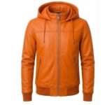 Men’s burnt orange hooded leather jacket with front zipper and side zip pockets