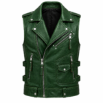 Men’s emerald green leather biker vest with asymmetrical zipper and multiple utility pockets