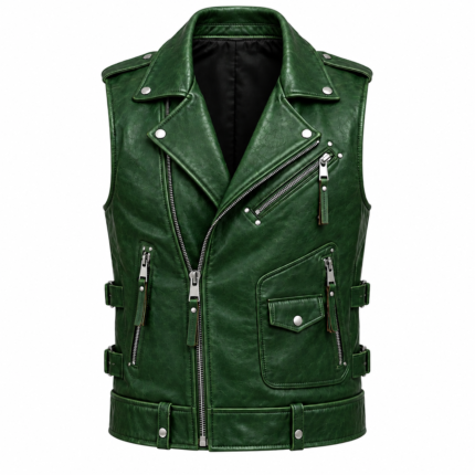 Men’s emerald green leather biker vest with asymmetrical zipper and multiple utility pockets