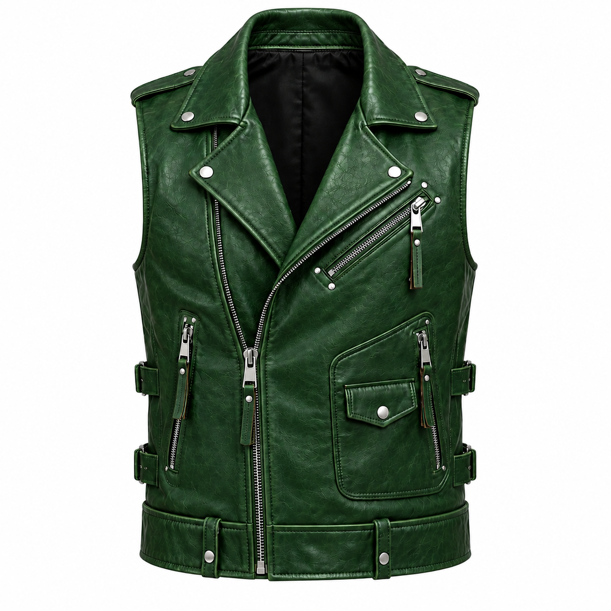 mens-emerald-green-leather-biker-vest.jpg Men’s emerald green leather biker vest with asymmetrical zipper and multiple utility pockets