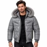 Men’s gray quilted puffer jacket with plush fur hood and silver zippered pockets