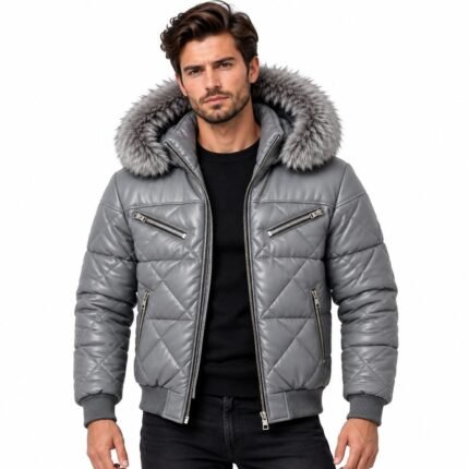 Men’s gray quilted puffer jacket with plush fur hood and silver zippered pockets