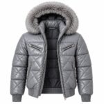 Gray padded winter jacket with fur-trimmed hood, diamond quilting and dark insulated lining