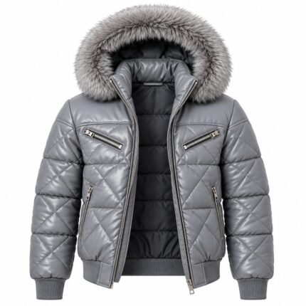 Gray padded winter jacket with fur-trimmed hood, diamond quilting and dark insulated lining