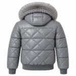 Gray winter puffer jacket featuring diamond quilted panels, ribbed cuffs and fur-trimmed hood