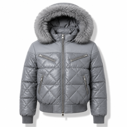 Men’s Gray Stormguard Puffer Jacket with Quilted Design and Faux Fur Hood